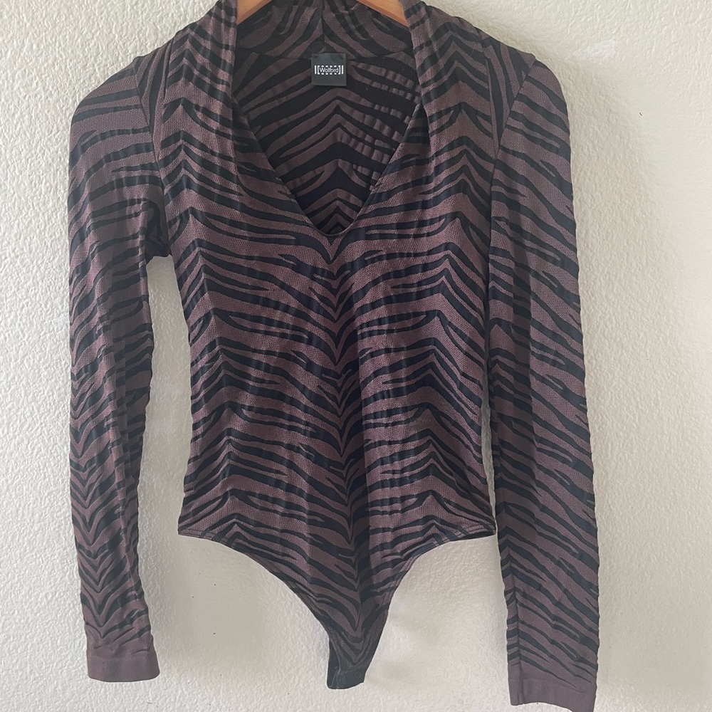 Wolford Black & Brown Tiger Stripe Long Sleeve Thong Bodysuit/ small - Picture 4 of 16